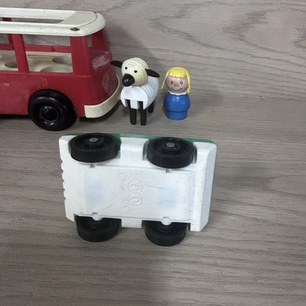Classic Vtg Fisher Price Little People Car Mini-Bus Wood Girl Lamb 4 Piece Lot